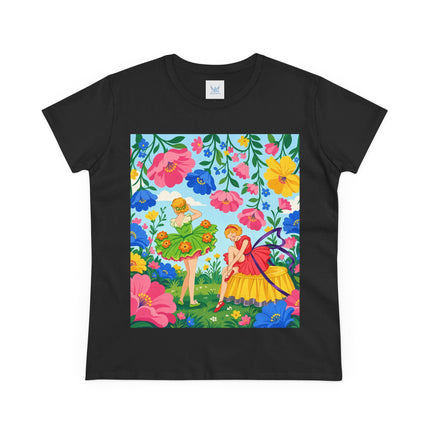 🌸🧚 The Fairies In The Flower Garden Cotton Tee – Art Deco Floral Whimsy
