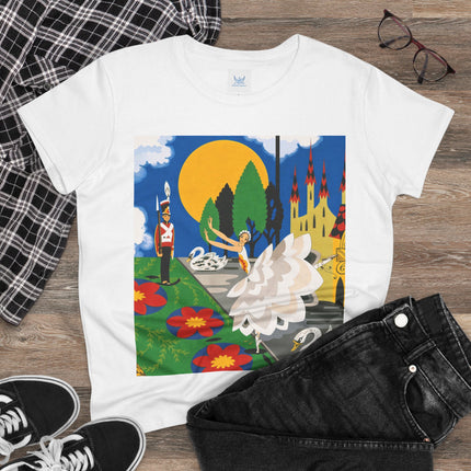 🦢🏰 The Enchanted Swan Ballet Cotton Tee – Art Deco Fairytale Whimsy