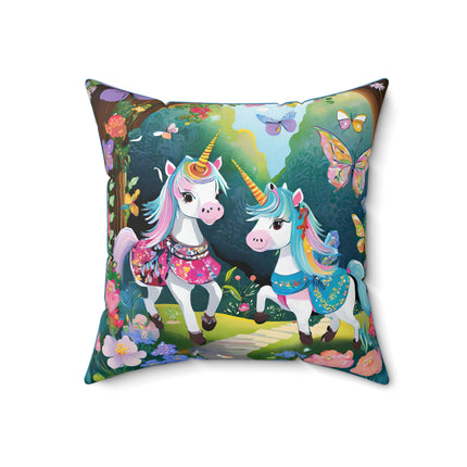 Baby Unicorns and Fluttering Butterflies Spun Polyester Square Pillow