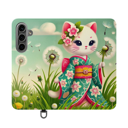 🌾🌼 Geisha Kitten and the Dandelion Wish Flip Case – Gentle Wishes & Quiet Wonder