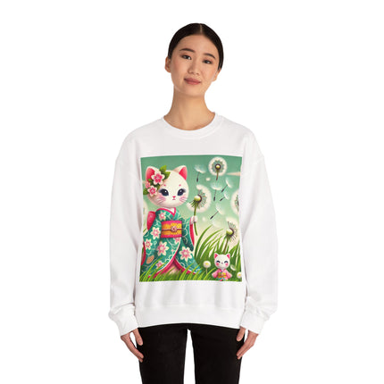 Geisha Kitten and the Dandelion Wish Heavy Blend™ Crewneck Sweatshirt