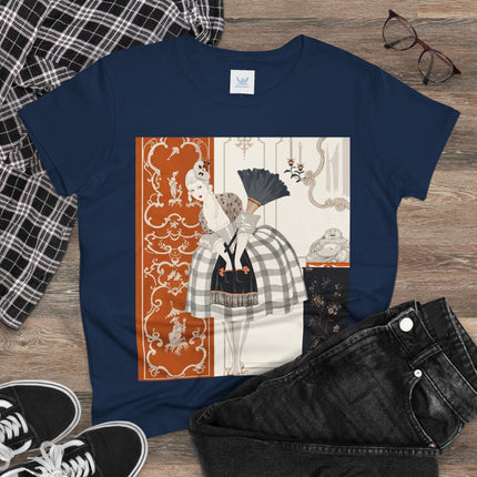 🪭🖤 The Lady With The Black Fan Cotton Tee – Art Deco Fashion Illustration