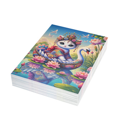 🪷🦢 The Lotus Swan Princess Kitten Greeting Card – Whimsical Garden Elegance
