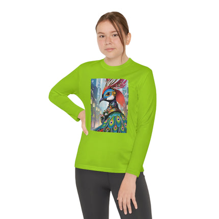 Techno Plumes Youth Long Sleeve Competitor Tee – Futuristic Elegance & Neon Feathers