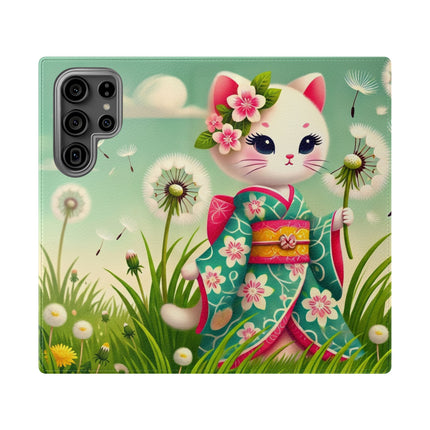 🌾🌼 Geisha Kitten and the Dandelion Wish Flip Case – Gentle Wishes & Quiet Wonder