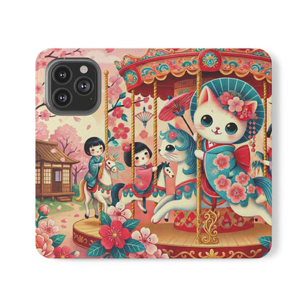 🎠🌸 Geisha Kitten's Enchanted Carousel Flip Case – Whimsical Dreams & Cherry Blossom Magic