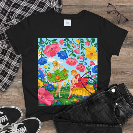 🌸🧚 The Fairies In The Flower Garden Cotton Tee – Art Deco Floral Whimsy