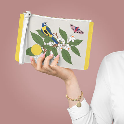 Blue Tit & Butterfly Clutch Bag – Elegant Charm & Springtime Grace
