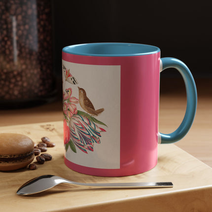 Pair of brown birds on bouquet with tulip, rose, and snapdragons, with butterflies by AnonymousAccent Coffee Mug, 11oz