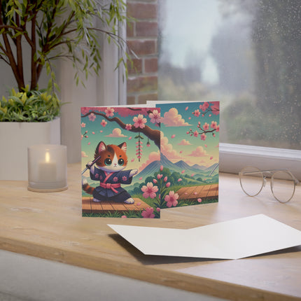 🐱🌸 The Cherry Blossom Samurai Kitten Greeting Card – Whimsical Warrior Charm