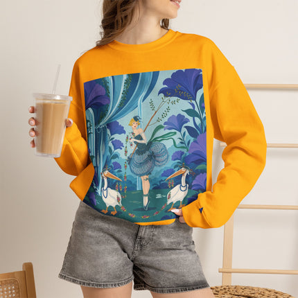 🪶🌺 The Pelican Garden Dance Crewneck Sweatshirt – Art Deco Botanical Whimsy