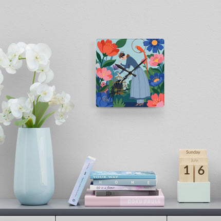 🌺🦜 The Lady Of The Enchanted Aviary Acrylic Wall Clock – Art Deco Floral Garden