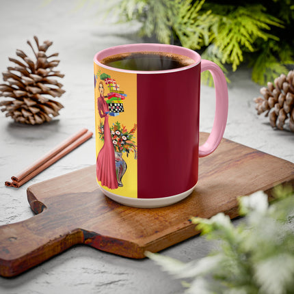 Elegant Holiday Woman with Gifts Colorful Mugs (11oz, 15oz)