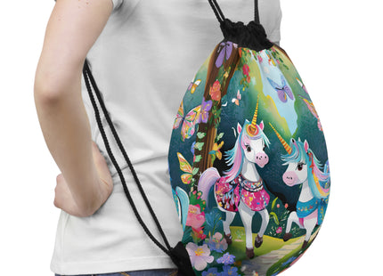 Baby Unicorns and Fluttering Butterflies Drawstring Bag