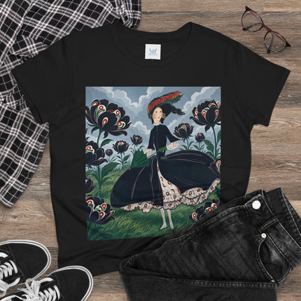 ❤️🌺 The Scarlet Parasol Garden Cotton Tee – Art Deco Floral Elegance