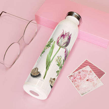 Tulip, Branches of Myrtle, and Shells by Maria Sibylla Merian Slim Water Bottle