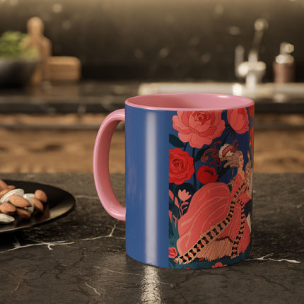 The Lady And The Scarlet Macaw Colorful Mugs – Art Deco Floral Elegance