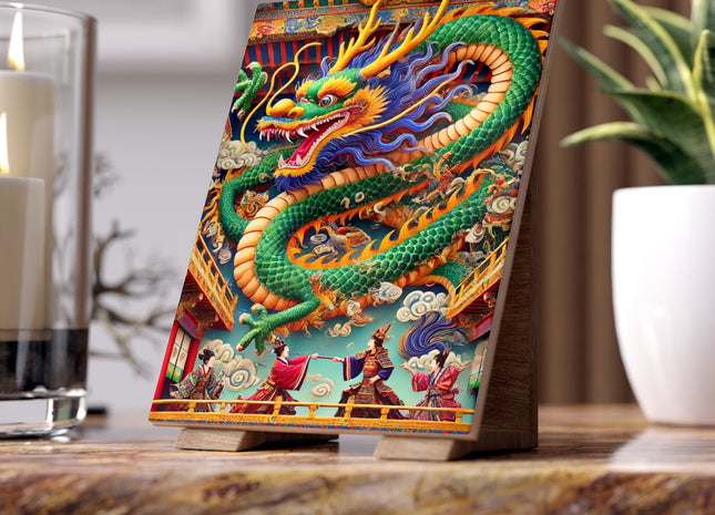 Tibetan Dragon Over Kabuki Duel Ceramic Tile