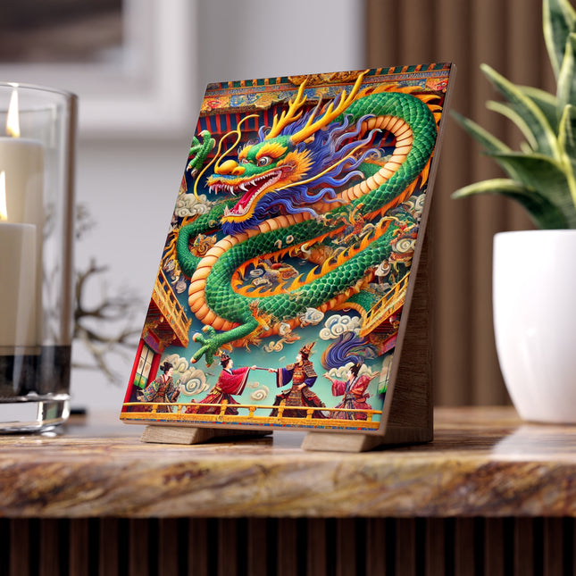 Tibetan Dragon Over Kabuki Duel Ceramic Tile