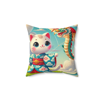 Geisha Kitten and the Dragon Kite Spun Polyester Square Pillow