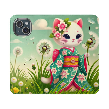 🌾🌼 Geisha Kitten and the Dandelion Wish Flip Case – Gentle Wishes & Quiet Wonder