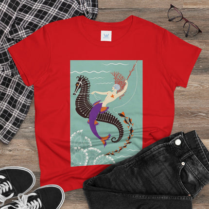 Mermaid on Seahorse Women's Midweight Cotton Tee – Dreamy Ocean Fantasy