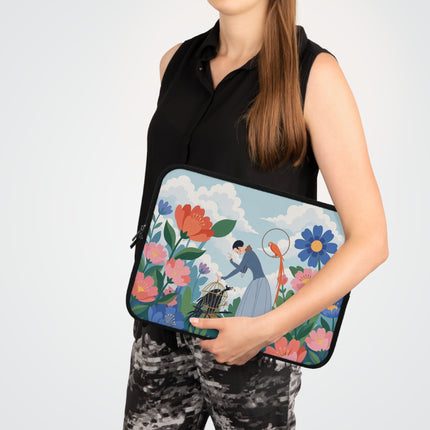🌺🦜 The Lady Of The Garden Aviary Laptop Sleeve – Art Deco Floral Whimsy
