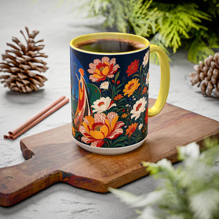 🌺🐦 The Enchanted Birdcage Garden Colorful Mug – Art Deco Floral Fantasy