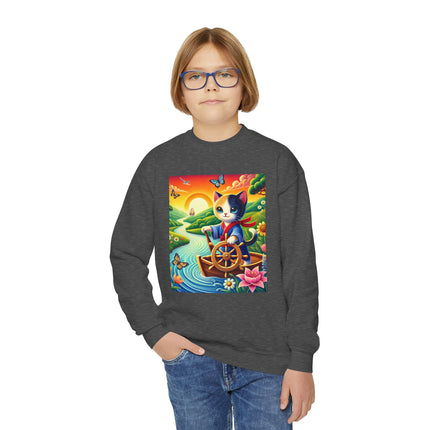 Sailor Kitten’s River Adventure Youth Crewneck Sweatshirt – Exploration, Joy & Storybook Adventure