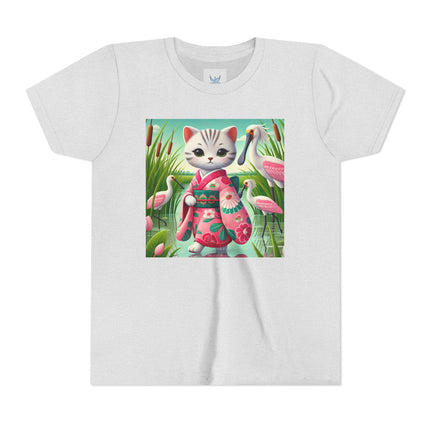 Geisha Kitten Strolls Among the Spoonbills Youth Short Sleeve Tee