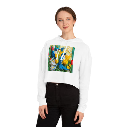Blue Jays in a Spring Garden Women’s Cropped Hooded Sweatshirt