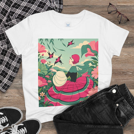 🐦🌺 The Garden Of Flying Birds Cotton Tee – Art Deco Floral Whimsy