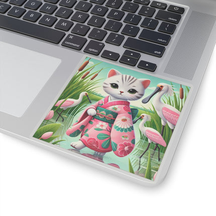 Geisha Kitten Strolls Among the Spoonbills Kiss-Cut Stickers (4 Sizes)