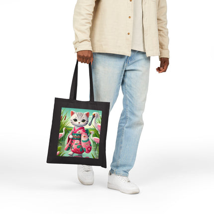 Geisha Kitten Strolls Among the Spoonbills Cotton Canvas Tote Bag – Serene Grace & Marshland Wonder