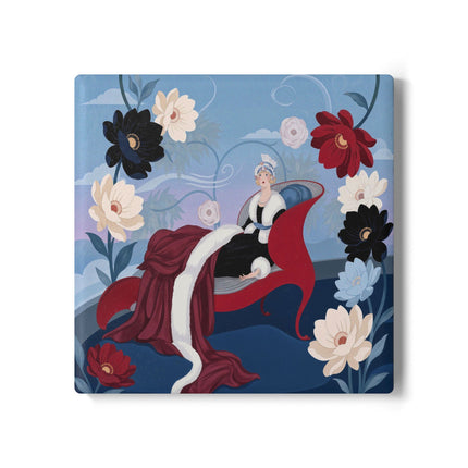 🌹✨ The Scarlet Chaise Ceramic Coaster – Art Deco Floral Glamour