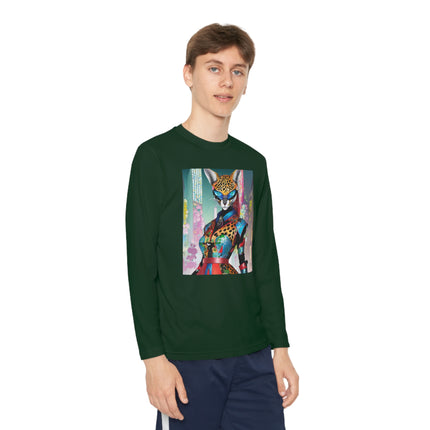 Cyber Cat Glamour Youth Long Sleeve Competitor Tee – Neon Elegance & Futuristic Style