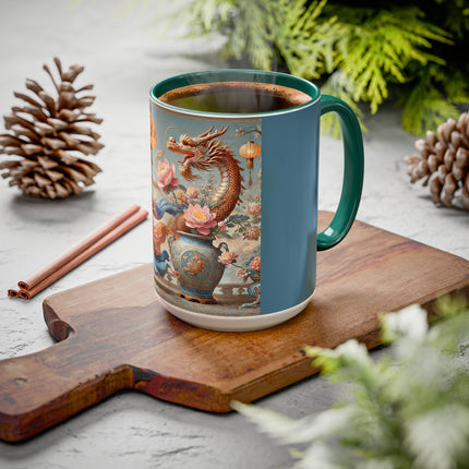 Golden Dragon & Lantern Lady Colorful Mug – Imperial Dragon & Elegant Harmony