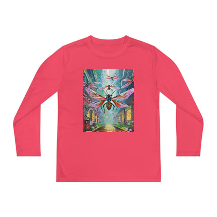 Neon Swarm Youth Long Sleeve Competitor Tee – Cyberpunk Flight & Futuristic Energy