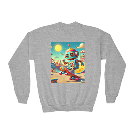 Skate Park Robot Youth Crewneck Sweatshirt – Energy, Motion & Retro-Futuristic Fun