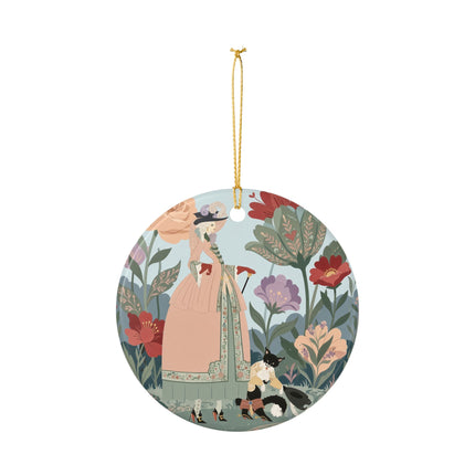 🌹🐈 The Lady And Puss In Boots Ceramic Ornament – Art Deco Floral Whimsy