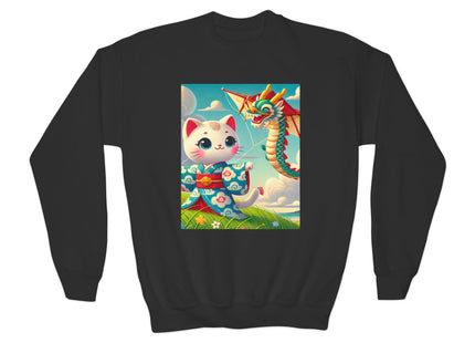 Geisha Kitten and the Dragon Kite Youth Crewneck Sweatshirt