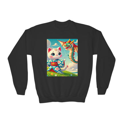 Geisha Kitten and the Dragon Kite Youth Crewneck Sweatshirt – Freedom, Motion & Playful Spirit