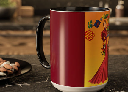 Elegant Holiday Woman with Gifts Colorful Mugs (11oz, 15oz)