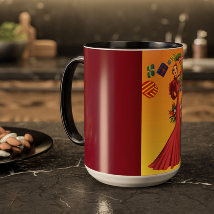 Elegant Holiday Woman with Gifts Colorful Mugs (11oz, 15oz)