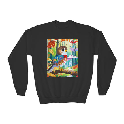 Baby Hawk Plays in Forest Youth Crewneck Sweatshirt – Woodland Wonder & Playful Discovery