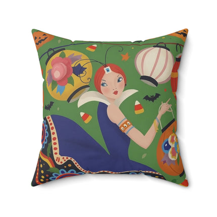 🏮🎃 The Lady Of Halloween Lanterns Square Pillow – Colorful Art Deco Halloween Charm