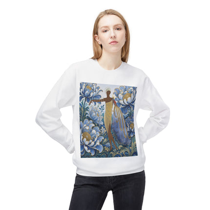 💙✨ The Lady Of The Gilded Blue Blossom Garden Midweight Crewneck Sweatshirt – Art Deco Floral Elegance
