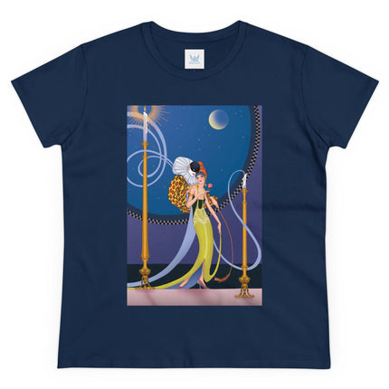 Smoke and Secrets: A Glamorous Encounter in Prohibition Era Women's Midweight Cotton Tee
