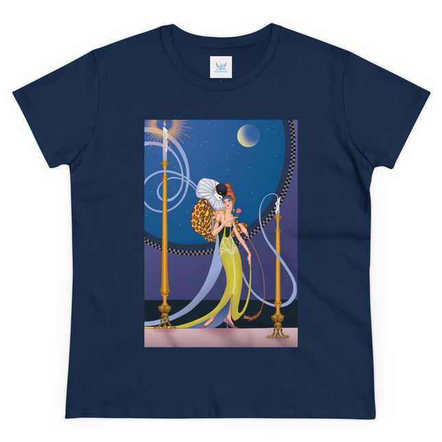 Smoke and Secrets: A Glamorous Encounter in Prohibition Era Women's Midweight Cotton Tee