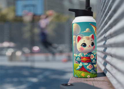 Geisha Kitten and the Dragon Kite Stainless Steel Water Bottle, Standard Lid